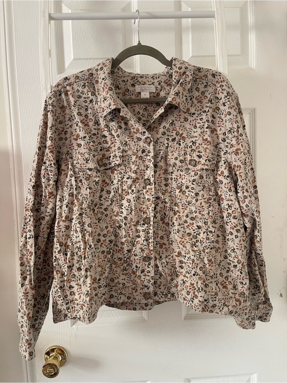 Christopher & Banks Cream Autumn Leaf Print Button Down Jacket/Shirt XL